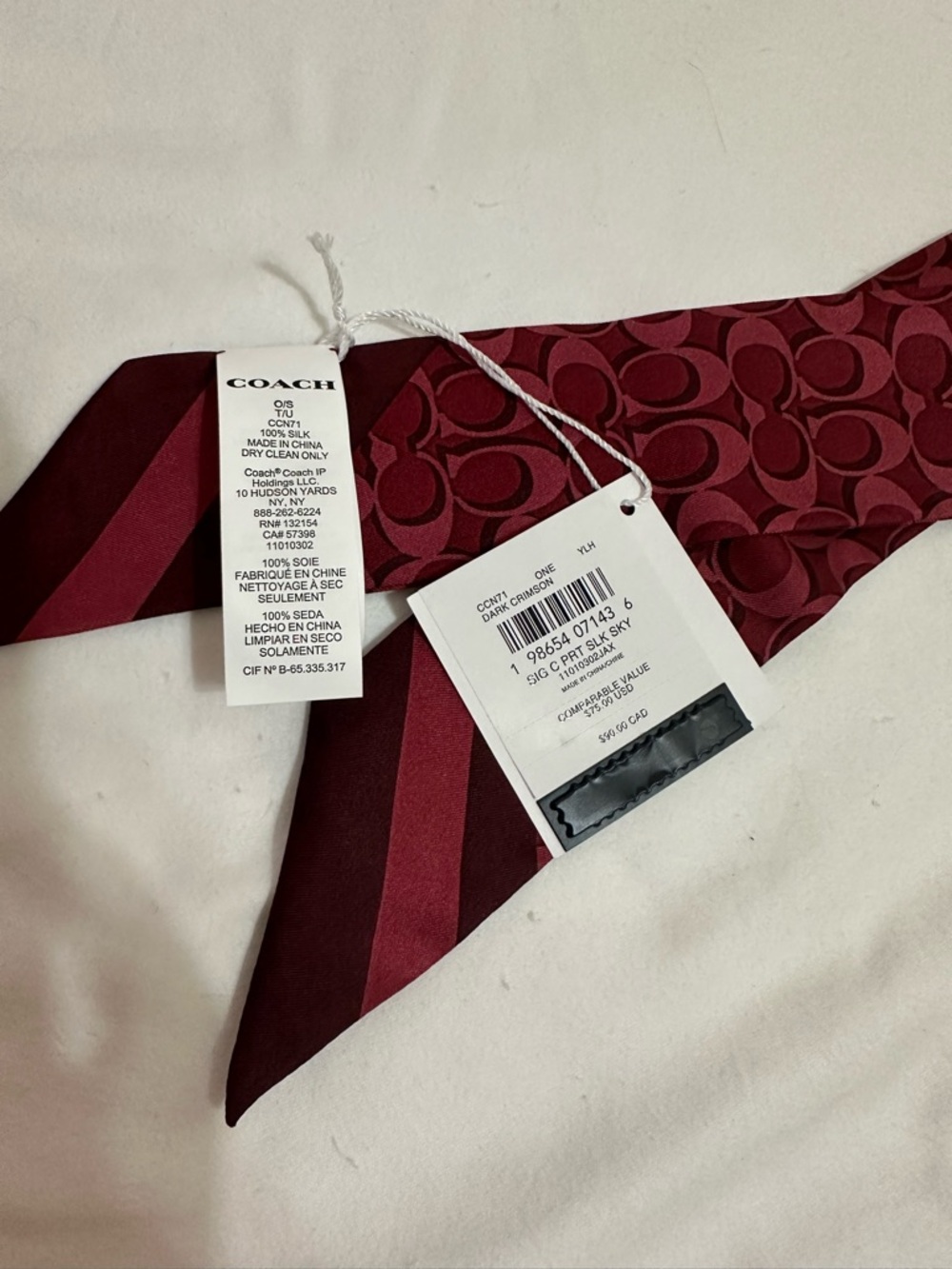 COACH DARK CRIMSON SIGNATURE C SILK SKINNY SCARF BAG TIE NWT - Picture 6 of 6